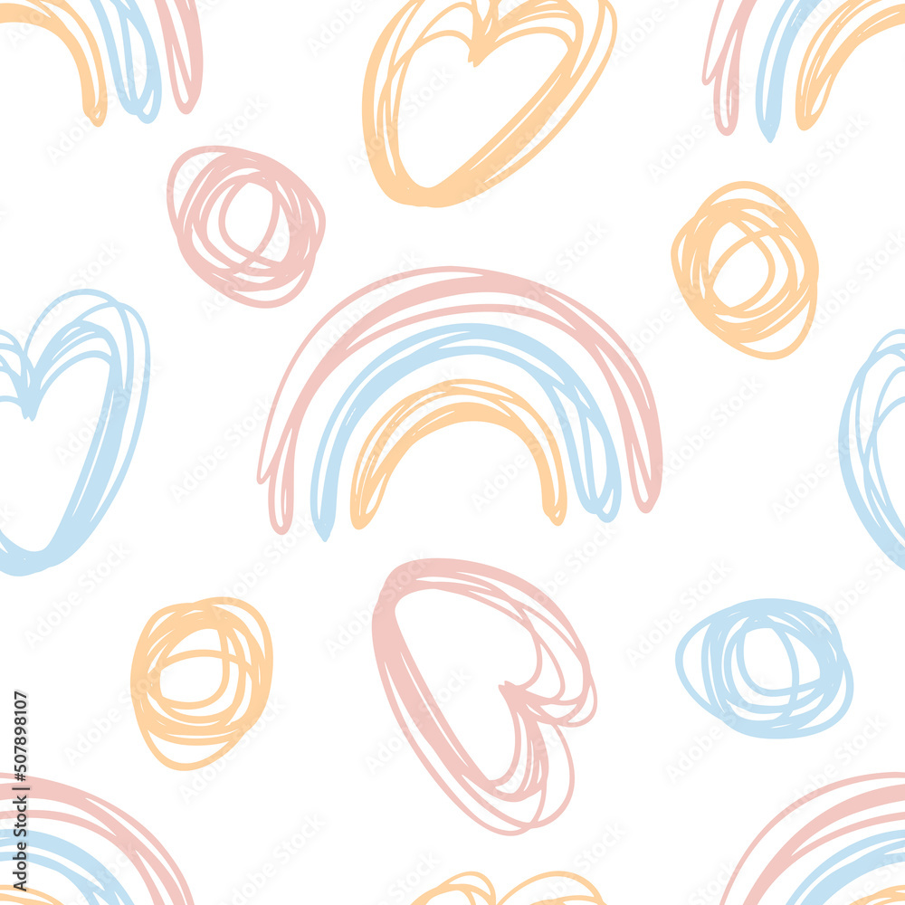 Hand drawn Pastel Kids rainbow heart circle lines seamless pattern Hand drawn Pastel Kids rainbow heart circle lines seamless pattern