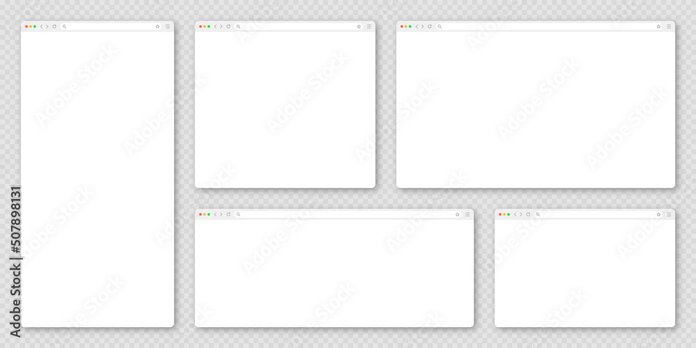 Blank web browser window with toolbar and search field. Modern website, internet page in flat style. Browser mockup for computer, tablet and smartphone. Adaptive user interface. Vector illustration