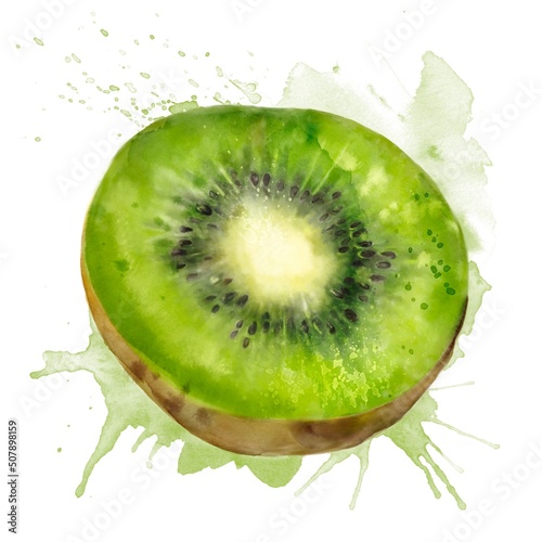 Watercolor fresh green summer illustration of kiwi. Isolated illustration on a white background, for postcards, patterns, and textiles.