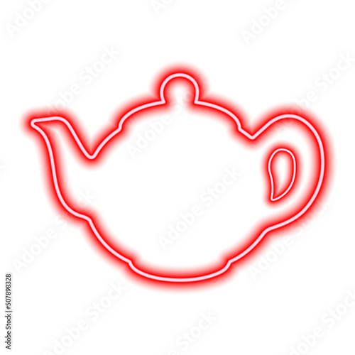 Red neon contour of the teapot. Simple vector illustration on white background. One object