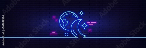 Neon light glow effect. Sleep line icon. Night internet sign. Planet with moon symbol. 3d line neon glow icon. Brick wall banner. Sleep outline. Vector