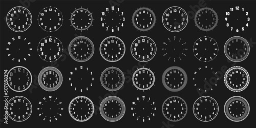 Mechanical clock faces with arabic numerals, bezel. White watch dial with minute, hour marks and numbers. Timer or stopwatch element. Blank measuring circle scale with divisions. Vector illustration photo