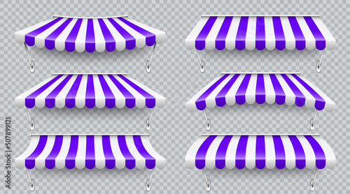 Shop sunshade with metal mount. Realistic violet striped cafe awning. Outdoor market tent. Roof canopy. Summer street store. Vector illustration.