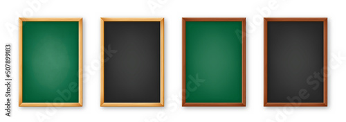 Realistic blank chalkboard in a wooden frame. School blackboard with traces of chalk, writing surface for text or drawing. Presentation board, online studying and e-learning. Vector illustration
