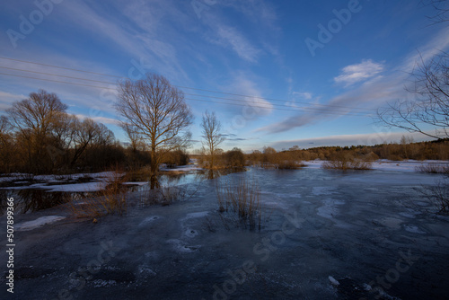 A frozen river, trees in the water illuminated by the rays of the setting sun.