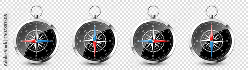 Realistic silver vintage compass with marine wind rose and cardinal directions of North, East, South, West. Shiny metal navigational compass. Cartography and navigation. Vector illustration.