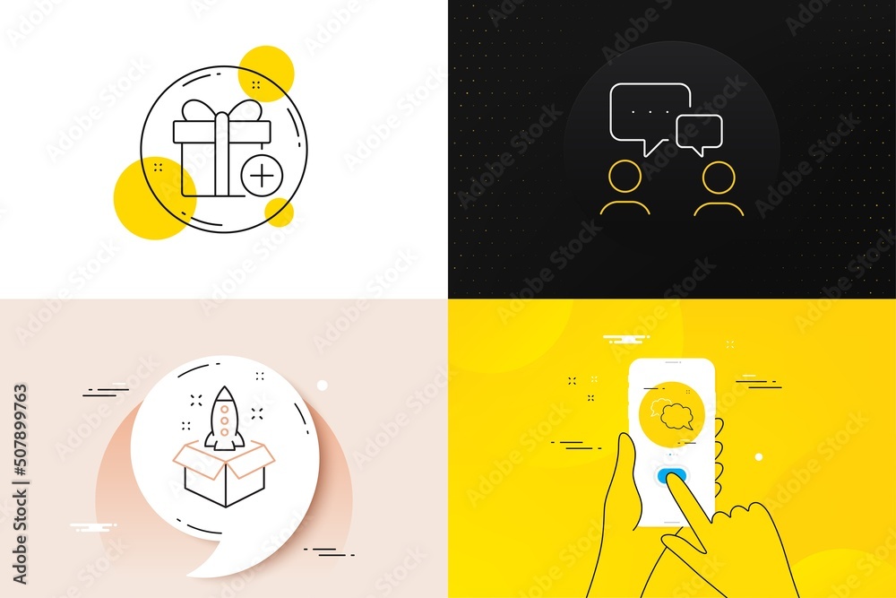 Minimal set of Add gift, Startup and Messenger line icons. Phone screen, Quote banners. People chatting icons. For web development. Present box, Innovation, Speech bubble. Conference. Vector Minimal set of Add gift, Startup and Messenger line icons. Phone screen, Quote banners. People chatting icons. For web development. Present box, Innovation, Speech bubble. Conference. Vector