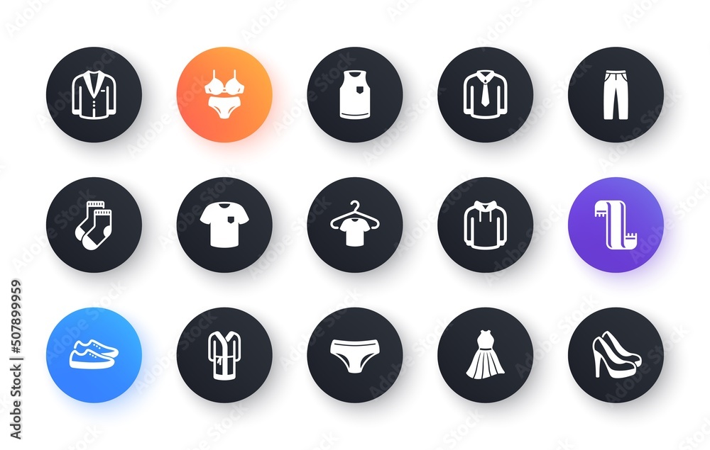 Clothes icons. T-shirt, Footwear and bathrobe icons. Hoody sweatshirt, T-shirt with hanger and suit. Skirt, Women dress and high heels shoes. Socks, panties with bra and bathrobe. Vector Clothes icons. T-shirt, Footwear and bathrobe icons. Hoody sweatshirt, T-shirt with hanger and suit. Skirt, Women dress and high heels shoes. Socks, panties with bra and bathrobe. Vector