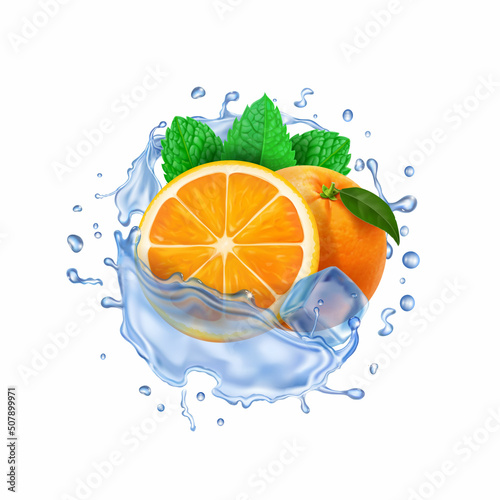 Fototapeta Naklejka Na Ścianę i Meble -  Orange fruit in realistic splash, ice cube and mint leaves. Orange beverage, ice tea, citrus drink refreshing