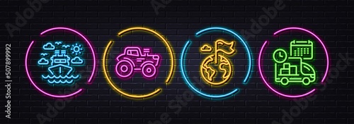 Ship travel, Tractor and Destination flag minimal line icons. Neon laser 3d lights. Delivery icons. For web, application, printing. Cruise transport, Farm transport, Map pointer. Vector