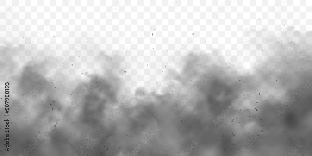 Black realistic smoke, dust clouds. Dirty polluted smog or fog with dirt particles. Air pollution, mist effect. Smoke from fire or explosion. Vector illustration - obrazy, fototapety, plakaty 