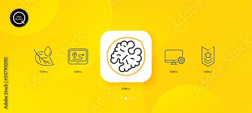 Monitor settings, Walnut and Gps minimal line icons. Yellow abstract background. Leaf dew, Shoulder strap icons. For web, application, printing. Vector