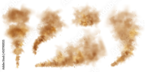 Realistic dust clouds isolated on white background. Sand storm with dirt particles, polluted dirty brown air, smog. Vector illustration