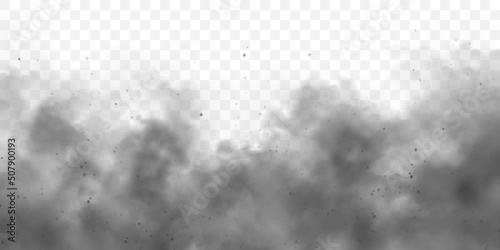 Black realistic smoke, dust clouds. Dirty polluted smog or fog with dirt particles. Air pollution, mist effect. Smoke from fire or explosion. Vector illustration
