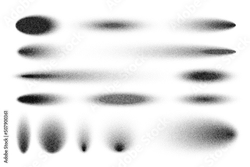 Stipple shadows set, dotted design elements. Fading gradient. Stippling, dotwork drawing, shading using dots. Pixel disintegration, halftone effect. White noise grainy texture. Vector illustration