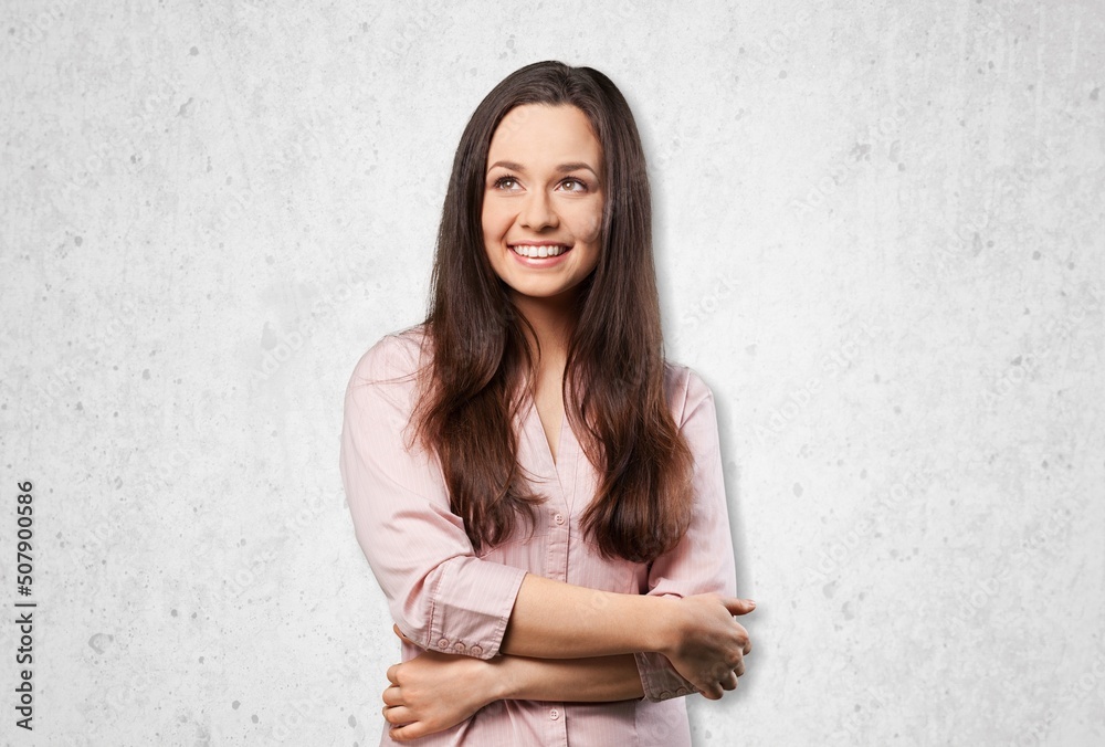 Corporate woman in office smiling, greeting business partner Corporate woman in office smiling, greeting business partner