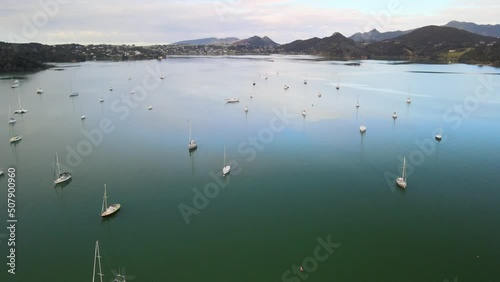 Flying over sailing boats in Parua Bay Marina, Whangarei - New Zealand's North Island