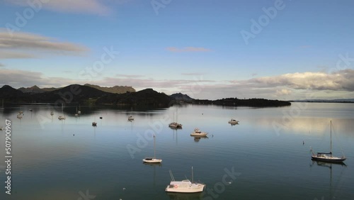 Flying over sailing boats in Parua Bay Marina, Whangarei - New Zealand's North Island