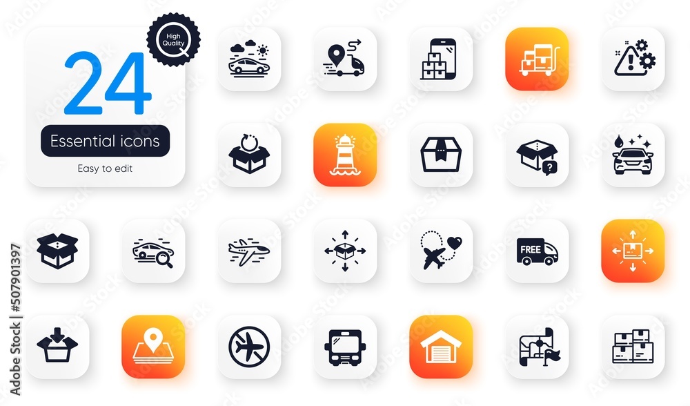 Set of Transportation flat icons. Parcel delivery, Mobile inventory and Return package elements for web application. Delivery, Lighthouse, Wholesale inventory icons. Pin, Bus. Vector Set of Transportation flat icons. Parcel delivery, Mobile inventory and Return package elements for web application. Delivery, Lighthouse, Wholesale inventory icons. Pin, Bus. Vector