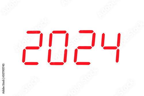 The dial of the electronic clock which shows the year 2024,isolated on a white background