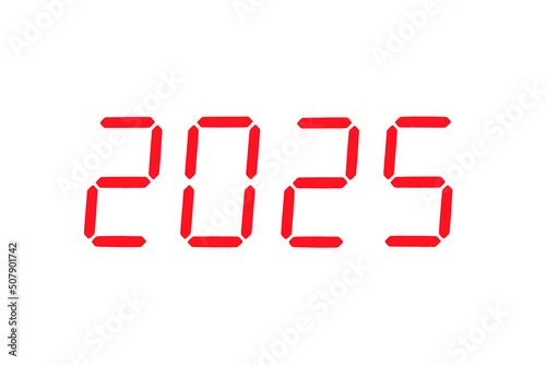 The dial of the electronic clock which shows the year 2025,isolated on a white background