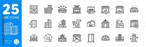 Outline icons set. Marketplace, Construction building and Inspect icons. Open door, Skyscraper buildings, Court building web elements. Online market, Arena stadium, Shop signs. Vector