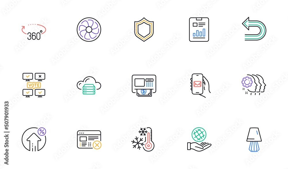 Report document, 360 degrees and Employees teamwork line icons for website, printing. Collection of Online voting, Loan percent, Fan engine icons. Undo, Cloud server, Table lamp web elements. Vector Report document, 360 degrees and Employees teamwork line icons for website, printing. Collection of Online voting, Loan percent, Fan engine icons. Undo, Cloud server, Table lamp web elements. Vector