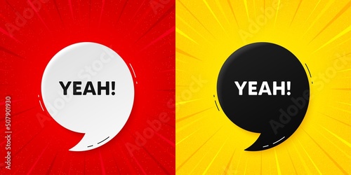 Yeah text tag. Flash offer banner with quote. Approved ok message. Done or Good deal symbol. Starburst beam banner. Yeah speech bubble. Vector
