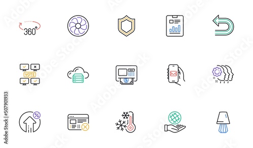 Report document, 360 degrees and Employees teamwork line icons for website, printing. Collection of Online voting, Loan percent, Fan engine icons. Undo, Cloud server, Table lamp web elements. Vector