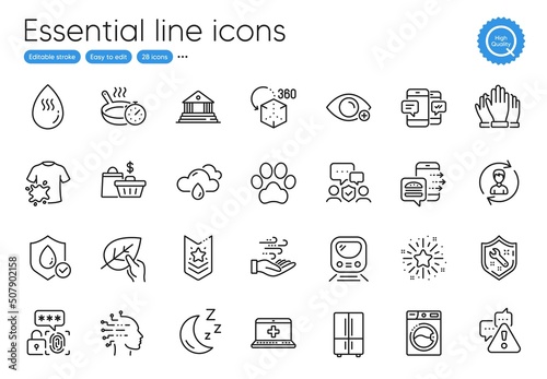 Biometric security, Frying pan and Moon line icons. Collection of Rainy weather, Metro, Vote icons. Wind energy, Security agency, Waterproof web elements. Dog paw, Washing machine. Vector