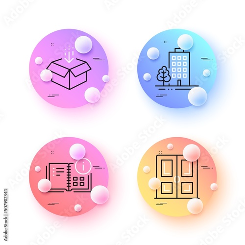 Get box, Door and Skyscraper buildings minimal line icons. 3d spheres or balls buttons. Instruction info icons. For web, application, printing. Send package, Entrance door, Town architecture. Vector