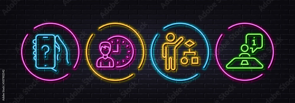Working hours, Algorithm and Ask question minimal line icons. Neon laser 3d lights. Interview icons. For web, application, printing. Project deadline, Developers job, Quiz phone. Job meeting. Vector