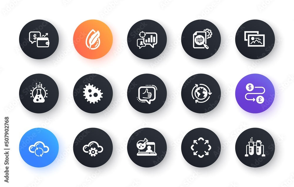 Minimal set of Outsourcing, Seo stats and Like flat icons for web development. Money transfer, Bacteria, Chemistry lab icons. Wallet, Online chemistry, Photo album web elements. Vector