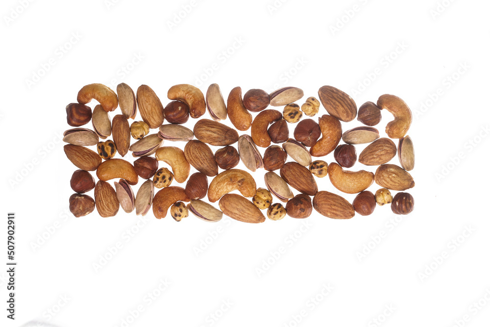 mixed nuts, hazelnuts, peanuts, walnuts, snacks, seeds, chickpeas, cashews on a white background