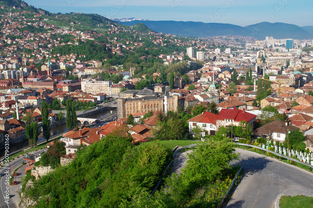 Sarajevo cityscape in a beautiful spring noon - Sarajevo, Bosnia and Herzegovina