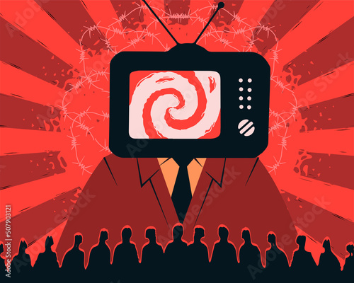 A propaganda machine in the form of a TV, showing fakes and manipulations for the zombification of the nation.