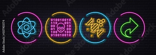 Binary code, Atom core and Chemistry dna minimal line icons. Neon laser 3d lights. Share icons. For web, application, printing. Cyber phishing, Nuclear power, Chemical formula. Link. Vector