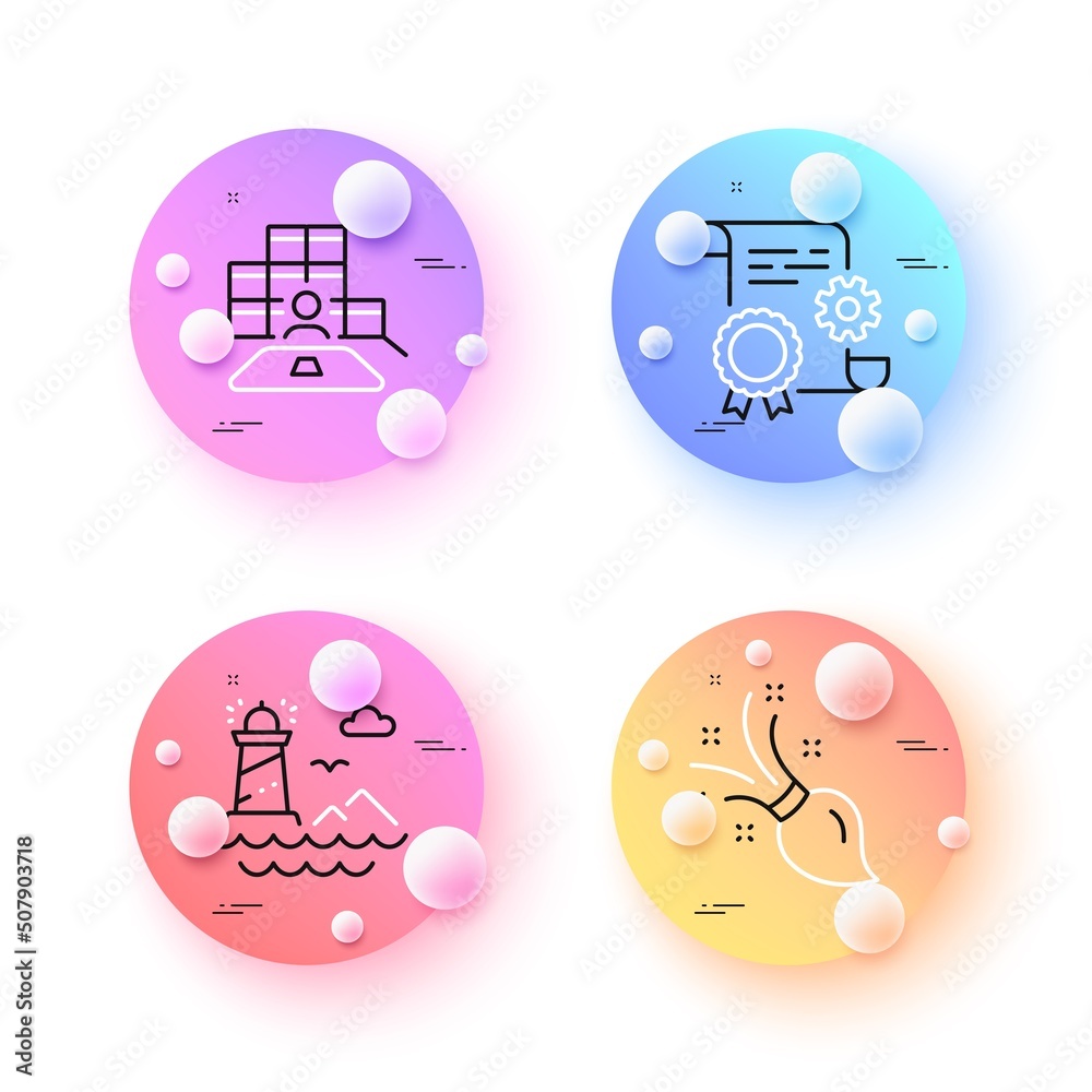 Brush, Lighthouse and Inventory minimal line icons. 3d spheres or balls buttons. Construction document icons. For web, application, printing. Art brush, Navigation beacon, Goods operator. Vector Brush, Lighthouse and Inventory minimal line icons. 3d spheres or balls buttons. Construction document icons. For web, application, printing. Art brush, Navigation beacon, Goods operator. Vector