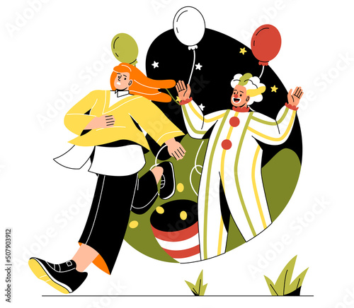 Different phobias and fears. Young woman runs away from scary clown. Child psychological trauma. Character with mental disorder in panic and fright. Cartoon flat vector illustration in doodle style