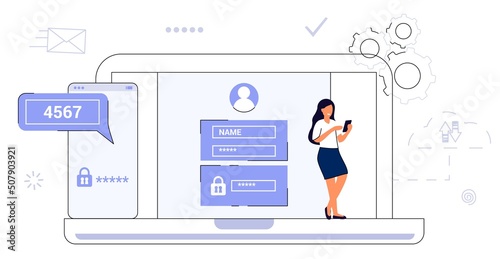 2fa Two factor authentication password secure notice login verification code Notice with code fo sign in Two steps factor verification via laptop and phone. Mobile OTP method Vector flat illustration