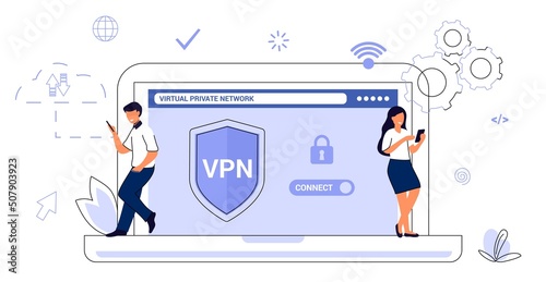 VPN Service Concept Virtual private network App for secure connection Data encryption Remote server Cloud technology Vector illustration Internet service provider Intranet access Cyber security