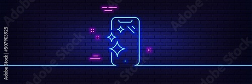 Neon light glow effect. Smartphone clean screen line icon. Phone sign. Mobile device symbol. 3d line neon glow icon. Brick wall banner. Smartphone clean outline. Vector