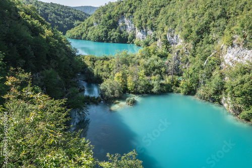 Plitvice Lakes in Croatia with beautiful waterfall and blue water