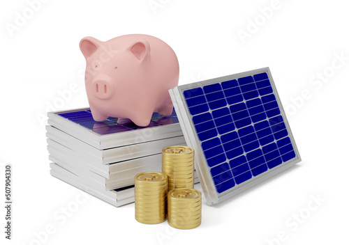 solar plates with pig and coins in 3d render realistic