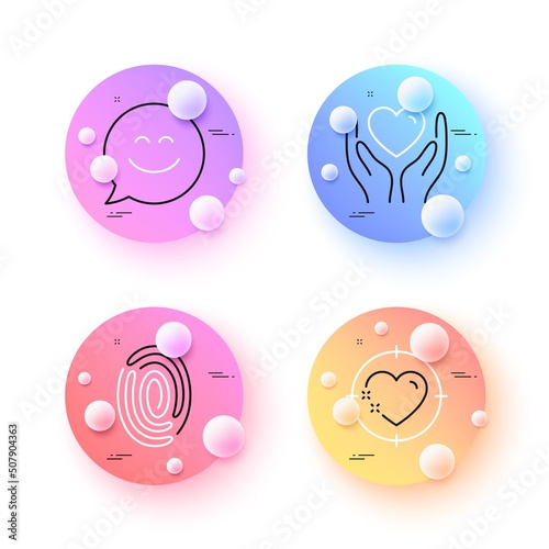 Hold heart, Fingerprint and Smile chat minimal line icons. 3d spheres or balls buttons. Heart target icons. For web, application, printing. Friendship, Finger identify, Happy face. Love aim. Vector