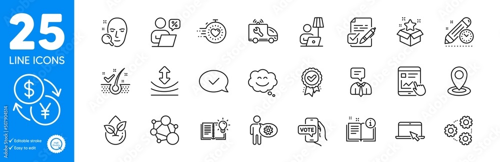 Outline icons set. Approved message, Manual and Gears icons. Face search, Online voting, Loyalty program web elements. Timer, Cogwheel, Organic product signs. Resilience. Vector