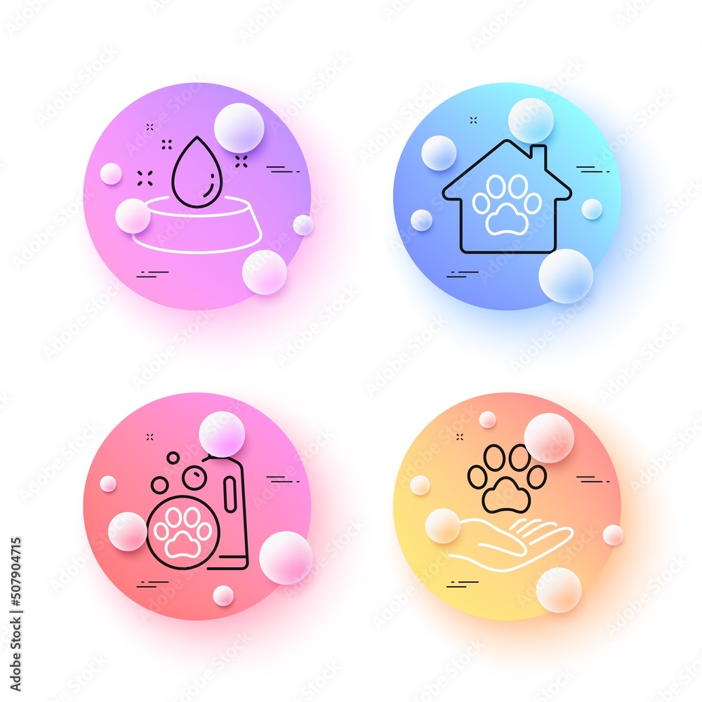 Water bowl, Pet shampoo and Pets care minimal line icons. 3d spheres or balls buttons. Pet shelter icons. For web, application, printing. Pets feeding, Cleaning shampoo, Shelter. Dog house. Vector Water bowl, Pet shampoo and Pets care minimal line icons. 3d spheres or balls buttons. Pet shelter icons. For web, application, printing. Pets feeding, Cleaning shampoo, Shelter. Dog house. Vector
