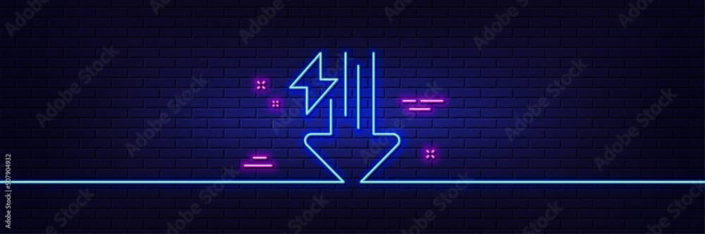 Neon light glow effect. Energy line icon. Thunderbolt sign. Power consumption symbol. 3d line neon glow icon. Brick wall banner. Energy drops outline. Vector Neon light glow effect. Energy line icon. Thunderbolt sign. Power consumption symbol. 3d line neon glow icon. Brick wall banner. Energy drops outline. Vector