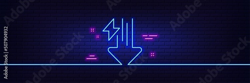 Neon light glow effect. Energy line icon. Thunderbolt sign. Power consumption symbol. 3d line neon glow icon. Brick wall banner. Energy drops outline. Vector