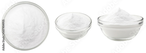 Soda in a glass bowl. Soda, flour, salt or sugar in a glass container. Three different angles of a plate with soda, flour, salt or sugar on a white background.